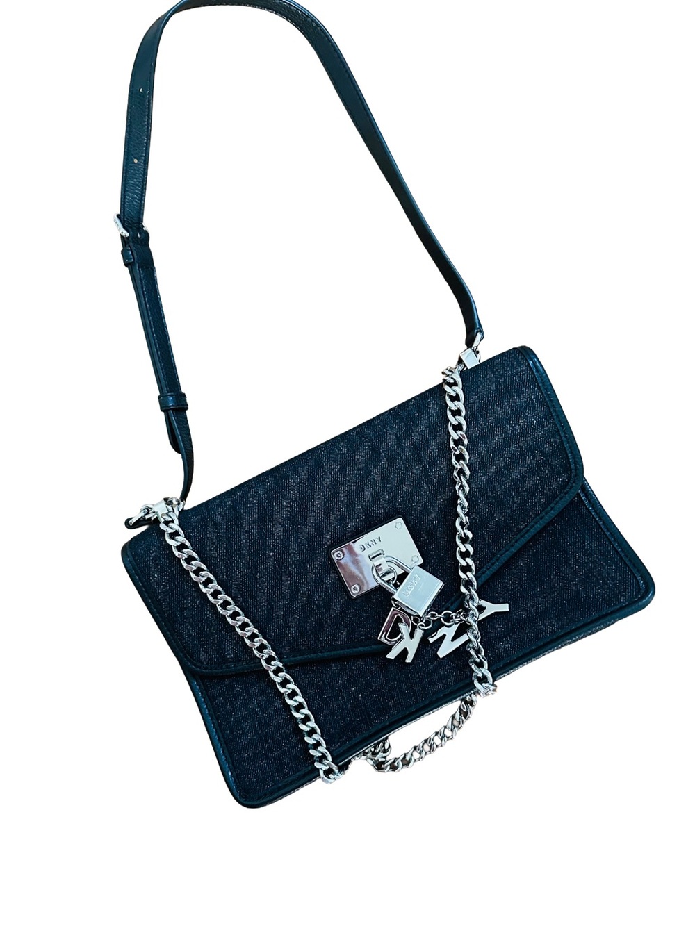 DKNY Black Denim-Texture Shoulder Bag with Silver Chain